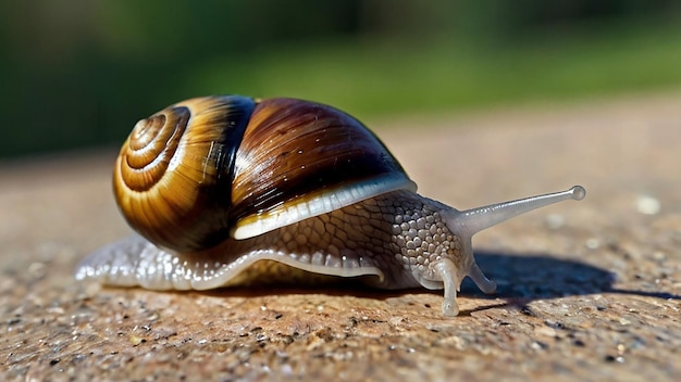 Photo snail with a black and white shell is moving