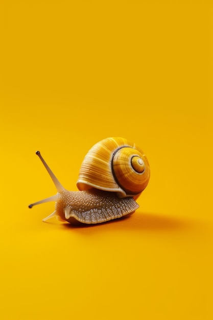 Snail on yellow background with shadow of snail on it's back Generative AI