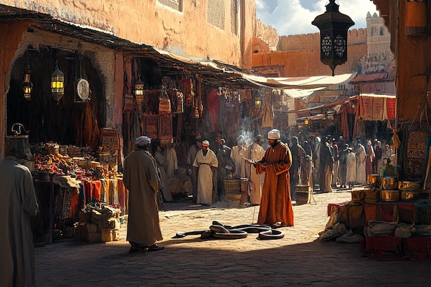 Snake Charmer Performing in the Vibrant Market of Marrakech Morocco