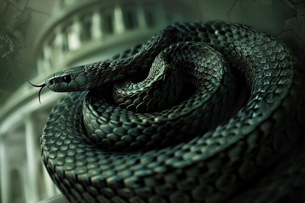 A snake coiled around a capitol dome symbolizing the insidious nature of corruption infiltrating political power