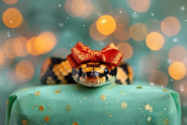 A snake is wearing a bow on its head and is sitting on a green box