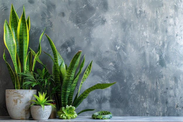 Snake Plant Beside Taro and Palm Plant Near Gray Wall