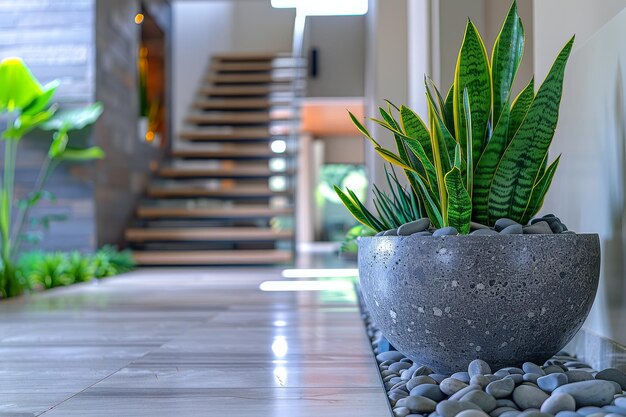 Snake plant in a concrete planter with smooth pebbles