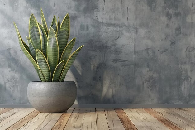 Snake plant in a gray plant pot on a wooden floor