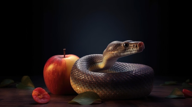 A snake and a red apple on a table