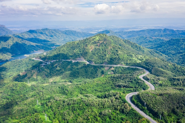 Snake road freeway no.12 connecting the city on the green mountain peak in Thailand 