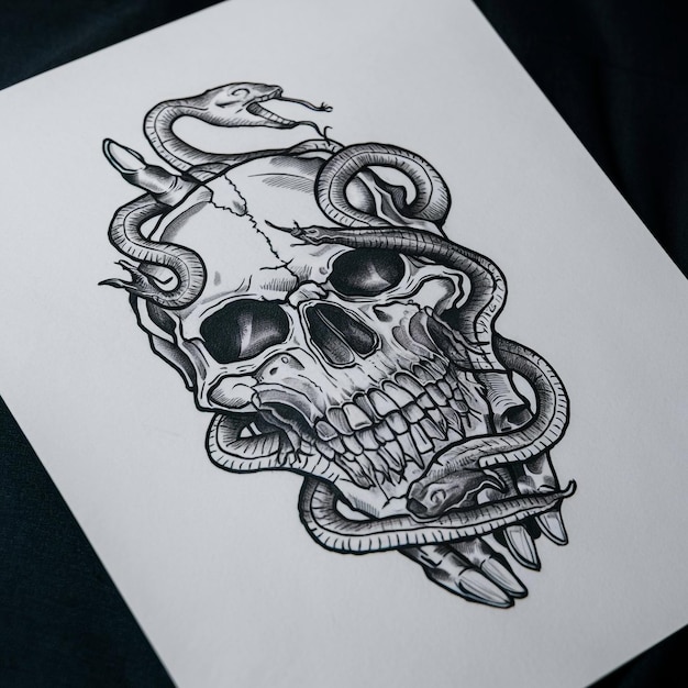 Photo a snake on a skull and hand drawing and sketch