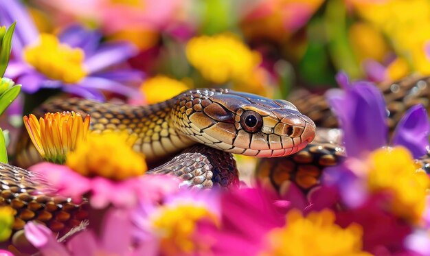 Photo snake in spring flowers