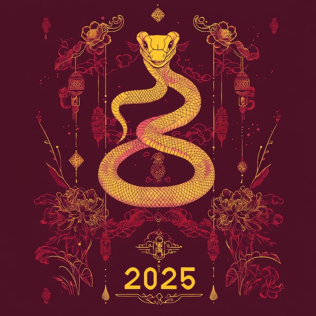 Photo snake symbol of the new year banner poster card template golden gradient on red background 2025