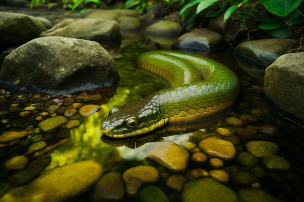 Snake that is laying down in some water generative ai