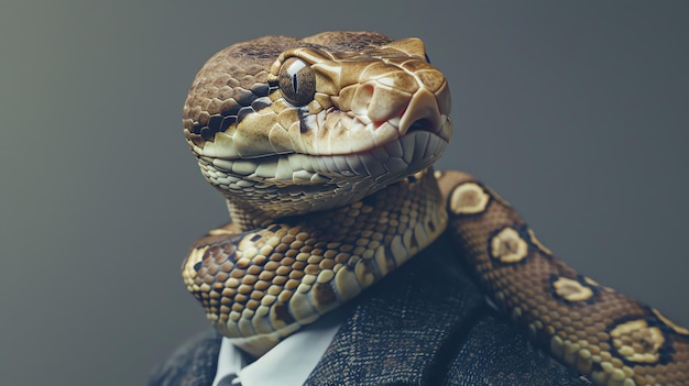 A snake wearing a suit looks thoughtfully to the side