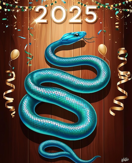 a snake with balloons on a wooden background