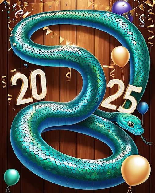 a snake with balloons on a wooden background