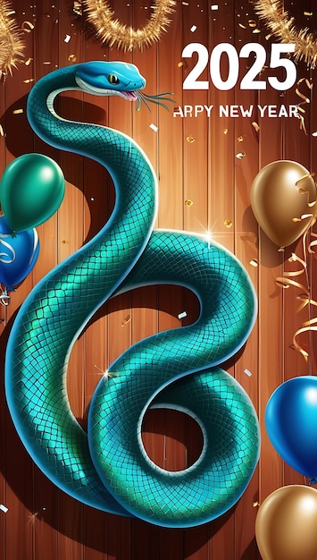 a snake with balloons on a wooden background