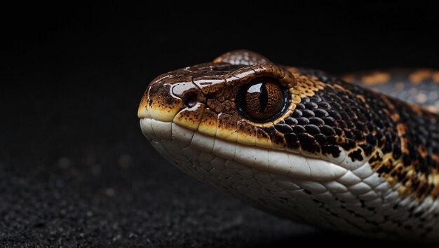 a snake with a black and brown eye and a brown stripe