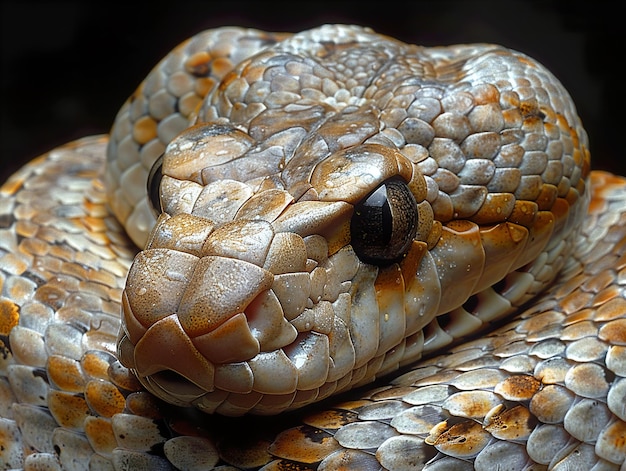 a snake with a brown eye and a brown spot on its head