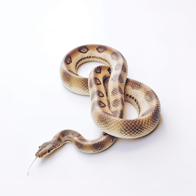 A snake with a brown and tan head and a white background.