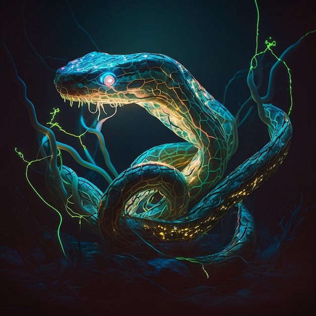 A snake with glowing eyes is on a dark background