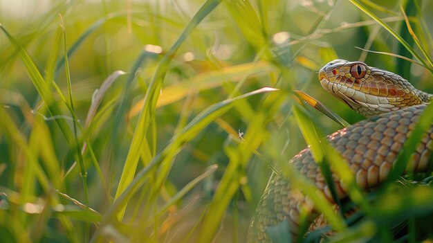 Snake with patterned scales slithers through tall grass partly camouflaged