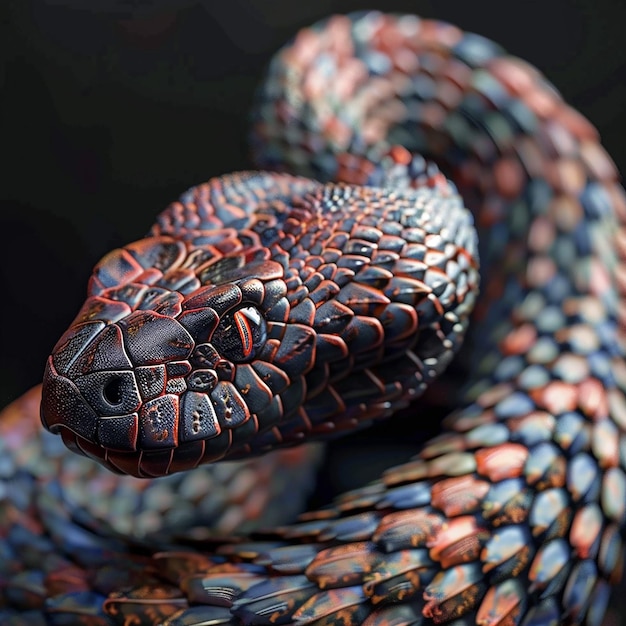 a snake with red and black stripes is shown