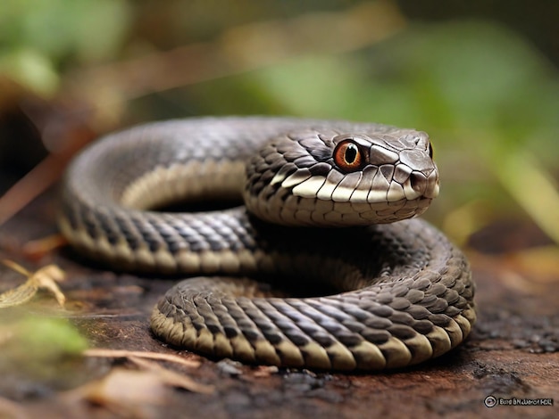 a snake with a red eye and a black stripe on its face