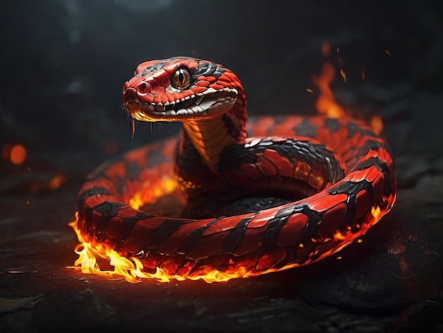 a snake with a red tail sits on fire