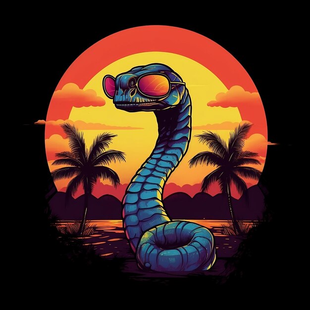 A snake with sunglasses on it and a sunset in the background.