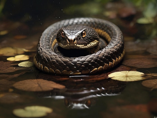 a snake with a white head is looking at the camera