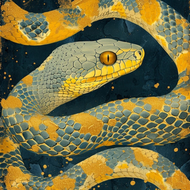 Photo a snake with yellow eyes and a blue and yellow snake