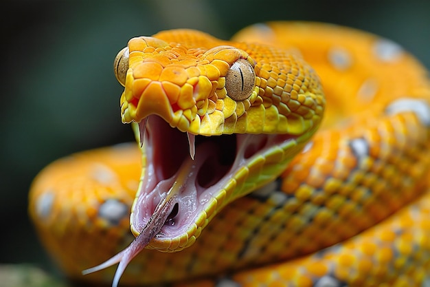 a snake with a yellow head and a red mouth that has the mouth open