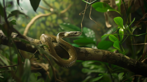 A snake wrapped in a rotten in the rainforest