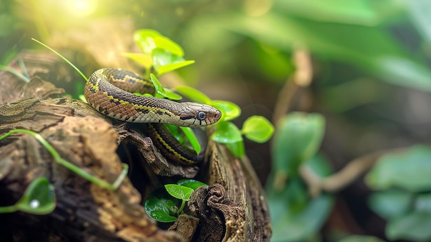 A snake wrapped in a rotten in the rainforest