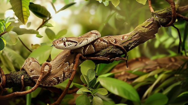 A snake wrapped in a rotten in the rainforest