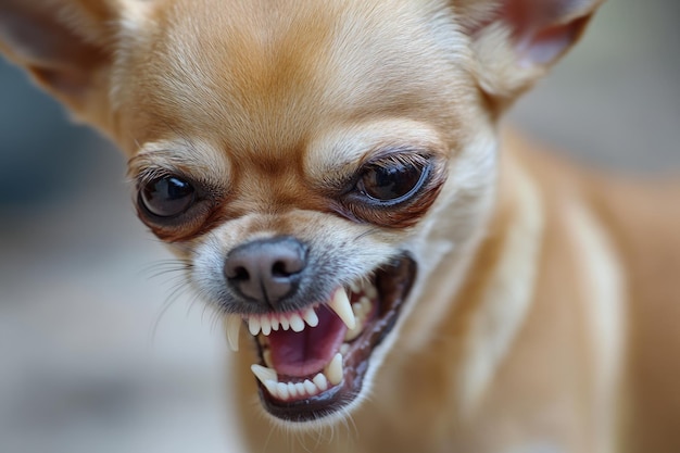 Photo snarling dog aggressive chihuahua showing dangerous behavior and angry expression