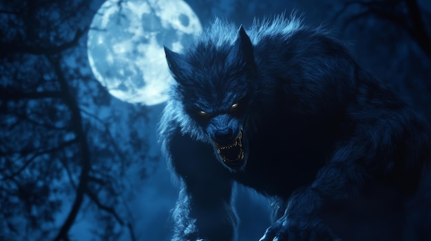 A snarling werewolf stands under a full moon in a dark forest