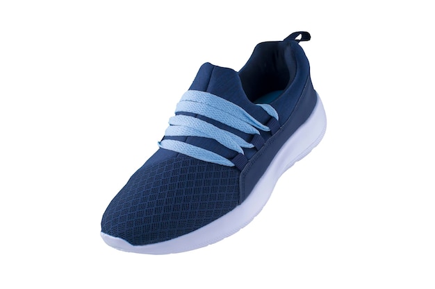 Sneakers Sports shoes side view on a white backgroundDark blue shoe with white sole and blue laces