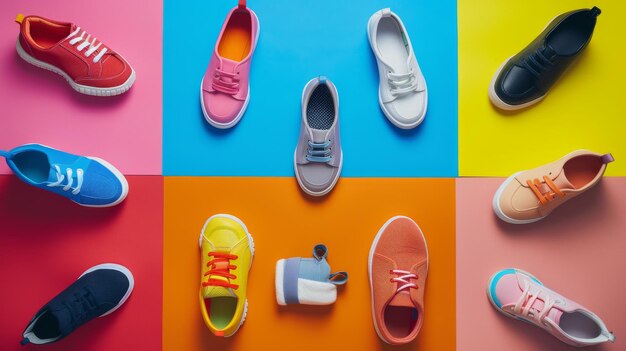 Photo sneakers of varying colors and styles arranged neatly in a grid pattern on a brightly colored background