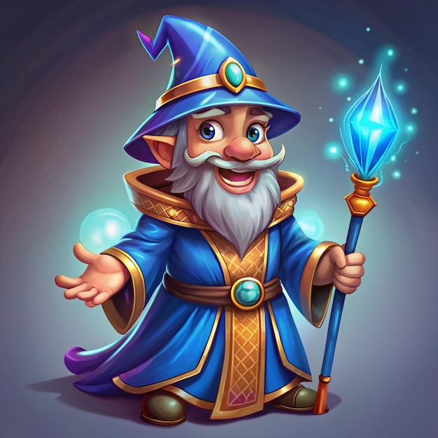 sneaky magician in cartoon style in blue robe