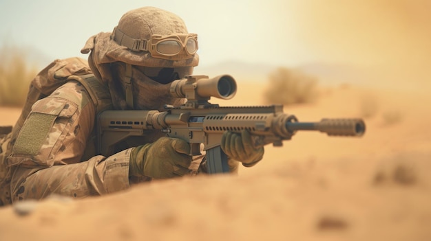 A sniper concealed in camouflage gear amid a sandstorm GENERATE AI