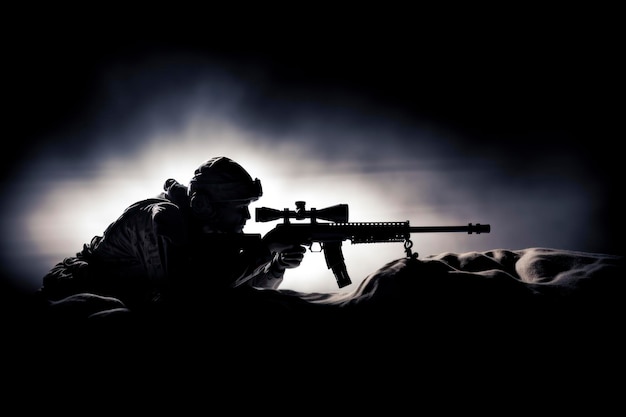 Sniper in position lone military silhouette on a high vantage point rifle aimed