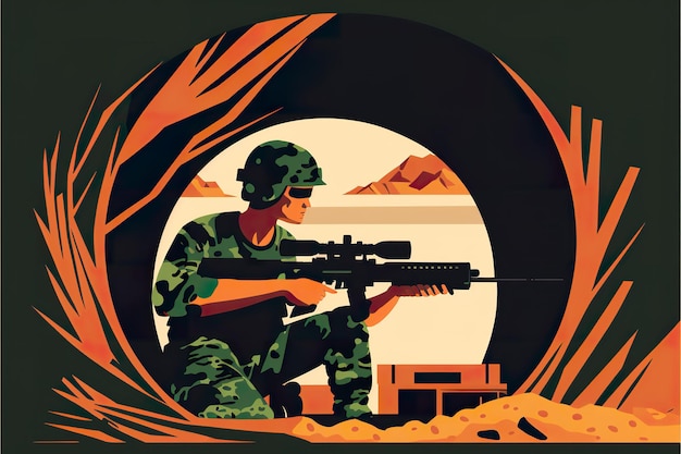 Sniper with a huge rifle is sitting in a shelter flat illustration