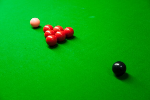 Snooker balls on a table.