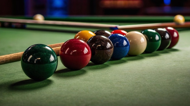 Photo snooker cue placed on the table with other balls