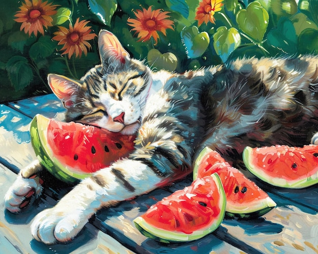 Snoozing cat watermelon slices sunny patio backdrop close view relaxed summer vibe vivid colors