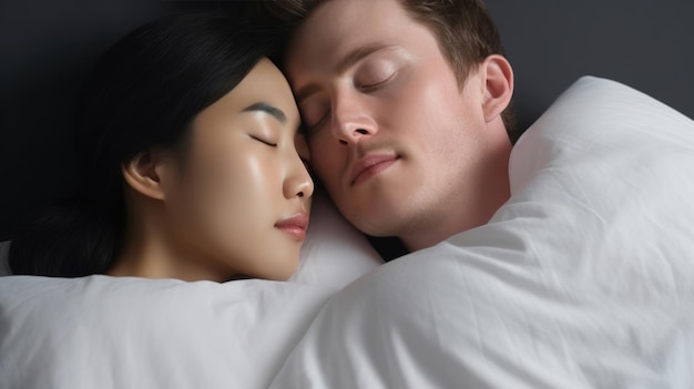 Snoring man Couple in bed men snoring and women can not sleep covering ears with pillow for snore noise Young interracial couple Asian woman Caucasian men sleeping in bed at home