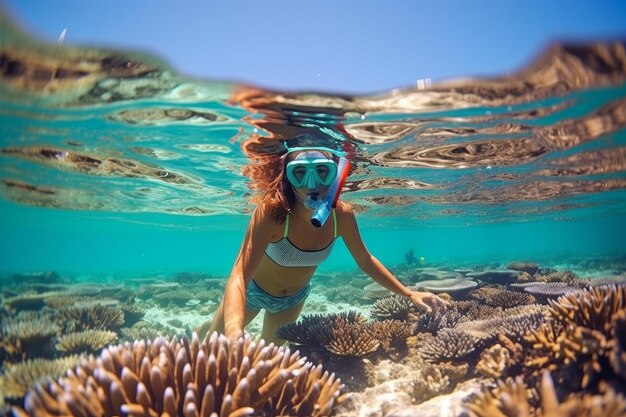 Snorkeling woman surrounded by vibrant coral reef experiencing the beauty of underwater marine life