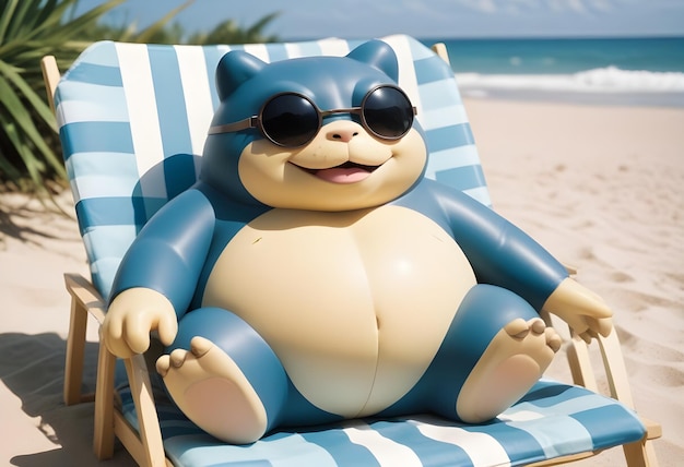 Snorlax pokemon lying in the sun on the beach with sunglasses on