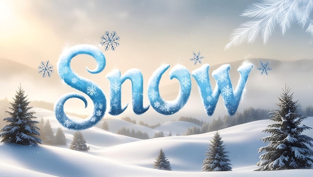 Snow 3d word on snowy landscape background 3D typography