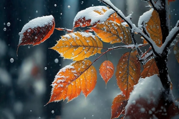 Snow and autumn leaves