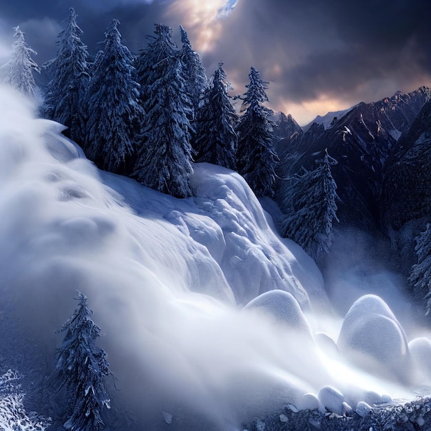 Snow avalanche landscape epic snowslide in winter snowy forest